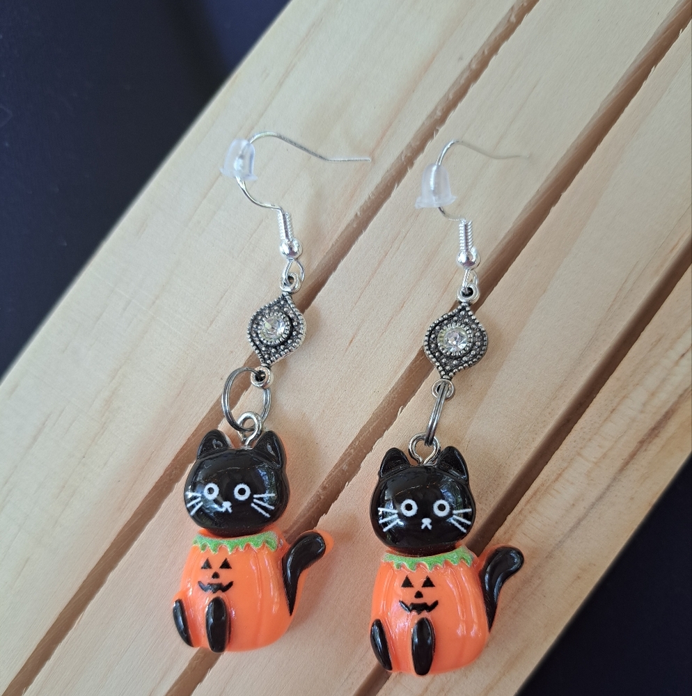 Halloween Black Cat and Orange Pumpkin Earrings
